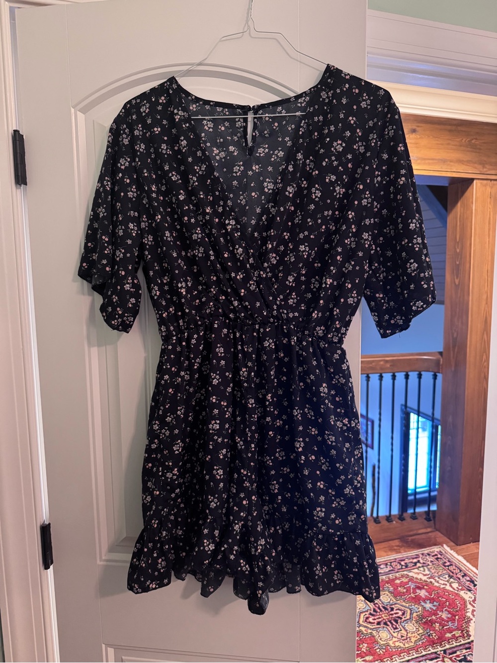 Navy Floral V-Neck Romper with Gathered Waist with Flowy, Short Sleeves